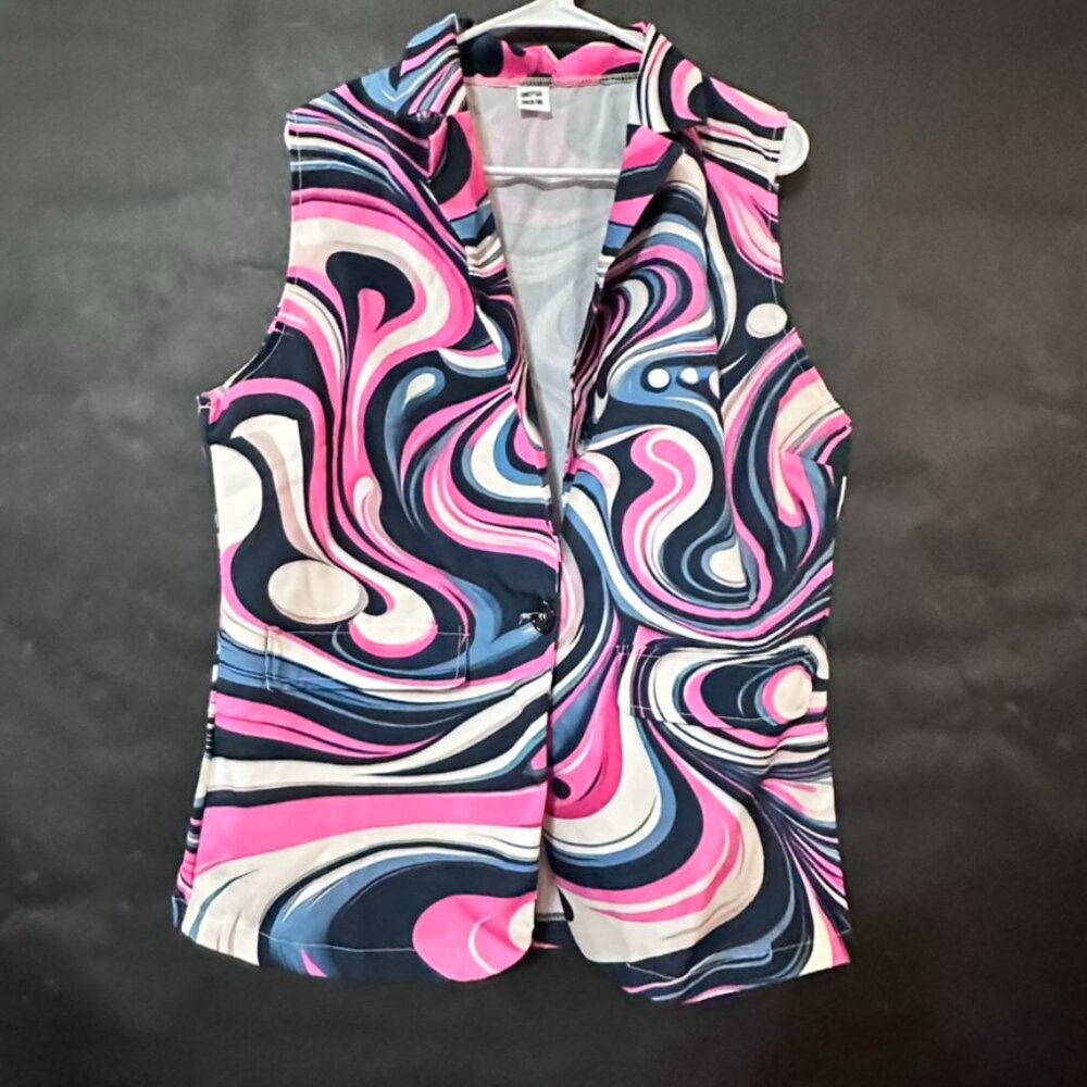 Pink Trippy Marble Vest Size 2XL Button Up Sleeveless Tank Shirt Office Casual - Picture 3 of 7